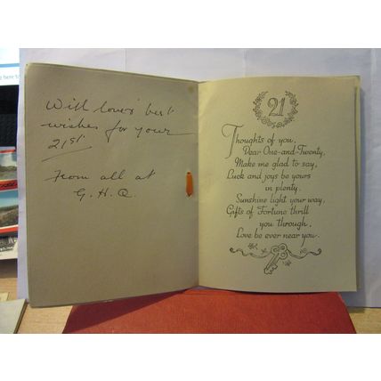21st BIRTHDAY GREETINGS CARD with PAPER INSERT used c. early 1920s #