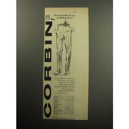 1957 Corbin Fashion Ad - Natural Shoulder Trousers and Walking Shorts