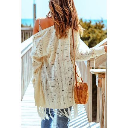 Beige Tasseled Hollow-out Cable Knit Cardigan