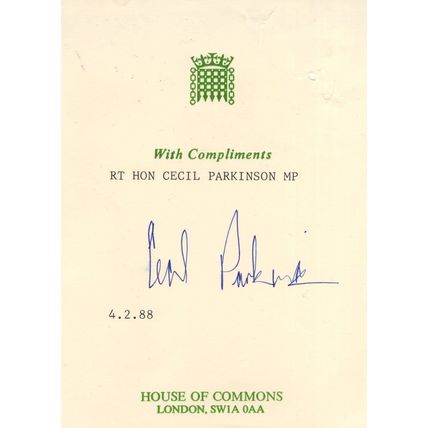 Cecil Parkinson Conservative MP House Of Commons Hand Signed Autograph
