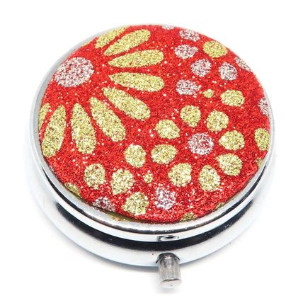Yellow & Gold Flowers on a Red Glitter Background 1.5 CM Pill Box Gift Storage