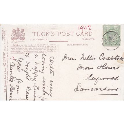 E519 CLOVELLY -HIGH STREET. TUCK OILETTE. 1907 PILL THIMBLE POST MARK