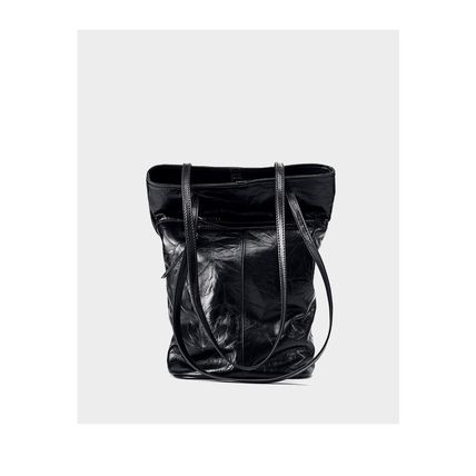 Women Cowhide Bucket Bag Large Capacity Retro Shoulder Bag Black