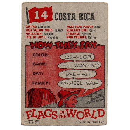 A & B C GUM TRADE CARD FLAGS OF THE WORLD 1959 No.14. COSTA RICA 95 X 67 mm