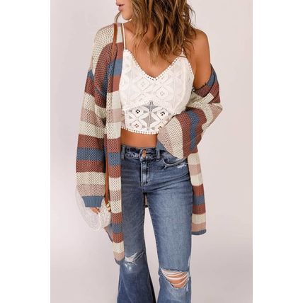 Blue Striped Color Block Hollowed Knit Cardigan