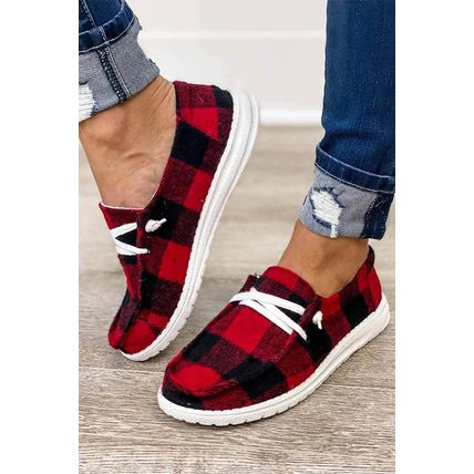 Red Vintage Plaid Lacing Decor Flat Shoes