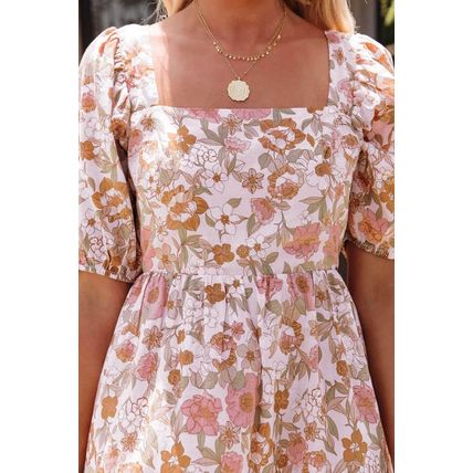 White Floral Print Bow Knot Backless Square Neck Mini Dress