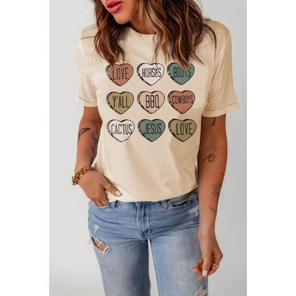 Khaki Heart Shaped Letters Print Crewneck Graphic Tee