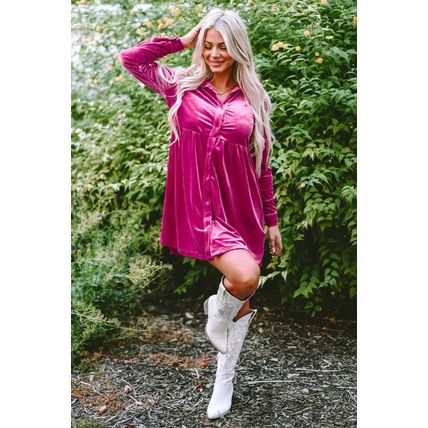 Rose Long Sleeve Ruffle Velvet Button Up Dress