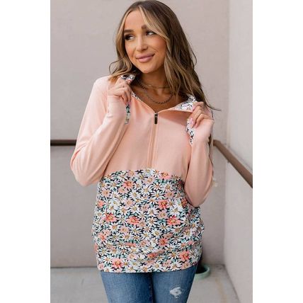 Pink Floral Patch Half Zip Kangaroo Pocket Hoodie