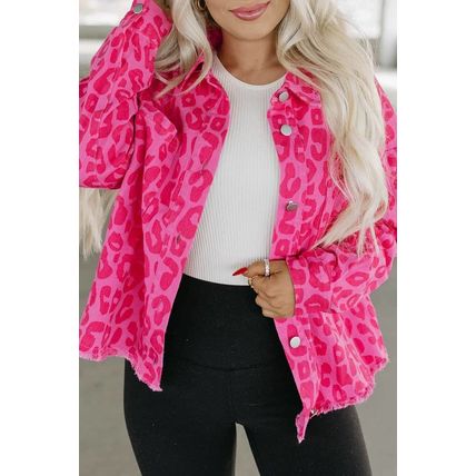 Pink Leopard Print Button Cuffs Raw Hem Jacket