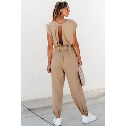 Light French Beige Cap Sleeve Open Back Drawstring Jogger Jumpsuit