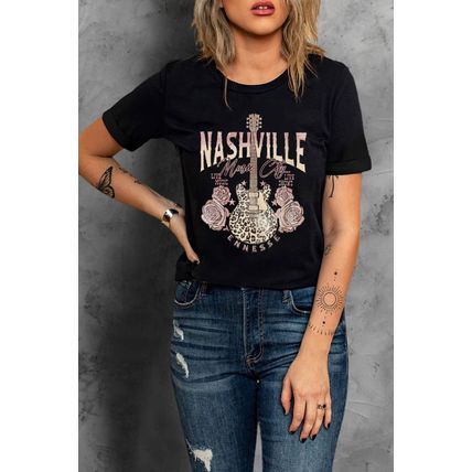 Black Nashville Music City Leopard Guitar Graphic T Shirt