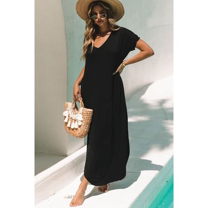 Black V Neck Hidden Pocket Splits Maxi T-shirt Dress