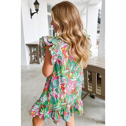 Green Abstract Floral Ruffle Trim Flutter Sleeve Buttoned Dress