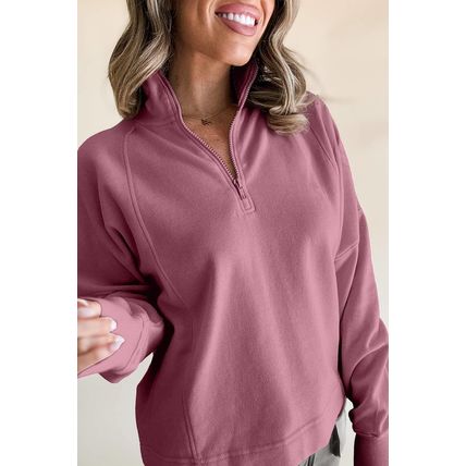 Fushia Zipped Neck Pullover Drop Shoulder Sweatshirt