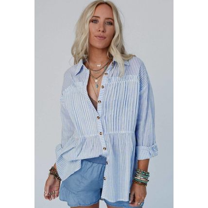 Sky Blue Stripe Ruffled Button up Long Sleeve Shirt