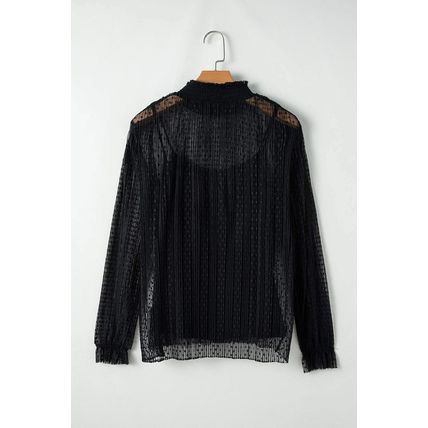 Black Dotty Lace Sheer Mock Neck Long Sleeve Blouse