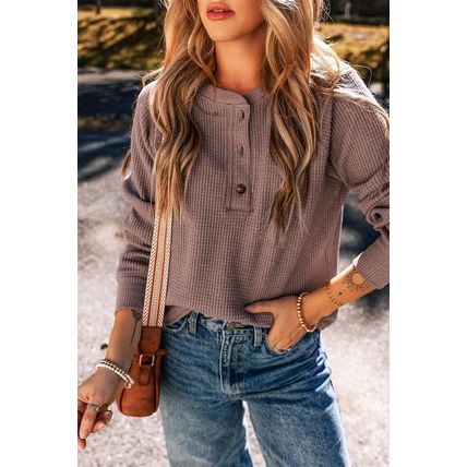 Chestnut Textured Knit Henley Long Sleeve Top