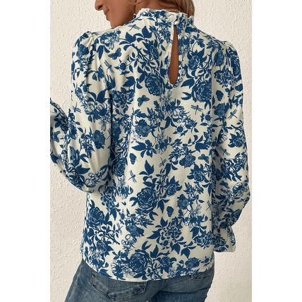 Sky Blue Floral Print Flounce Sleeve Keyhole Back Blouse