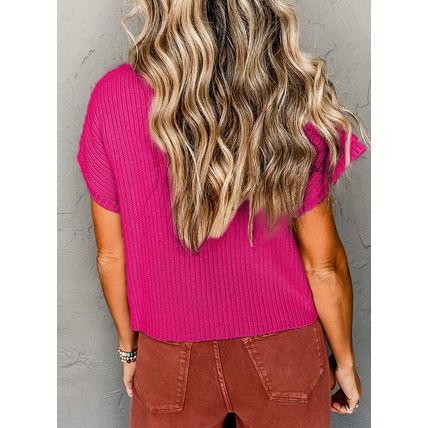 Rose Red Patch Pocket Ribbed Knit Short Sleeve Sweater