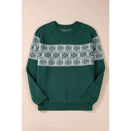 Green Christmas Snowflake Pattern Drop Shoulder Plus Size Sweater