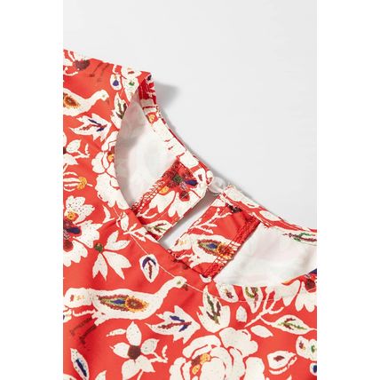 Red Colorful Floral Patchwork Long Sleeve Pleated Mini Dress