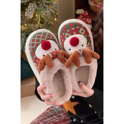Dark Green Christmas Cartoon Reindeer Plush Home Slippers