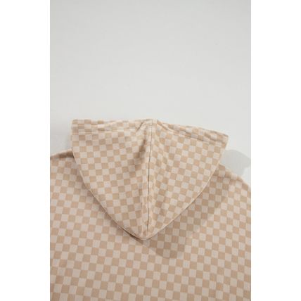 Khaki Checkered Print Kangaroo Pocket Drawstring Hoodie