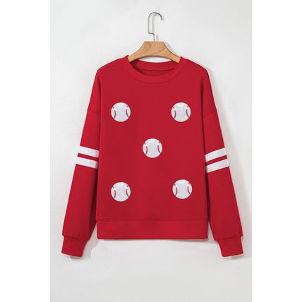 Fiery Red Glitter Baseball Patched Drop Shoulder Varsity Sweatshirt