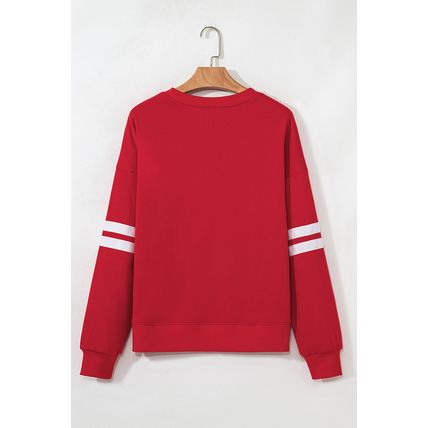 Fiery Red Glitter Baseball Patched Drop Shoulder Varsity Sweatshirt