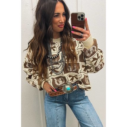 Brown Bows & Horseshoes Pattern Western Fashion Print Sweater