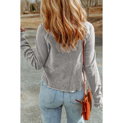 Gray Textured Round Neck Long Sleeve Top