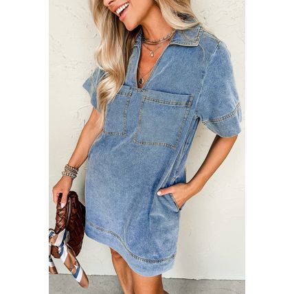 Beau Blue Short Sleeve Collared Patched Pocket Denim Mini Dress