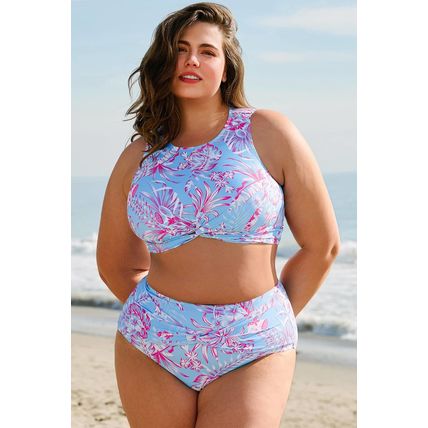 Sky Blue Plus Size Floral Print Twisted High Waist Bikini Set