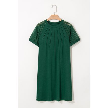 Green Contrast Lace Raglan Sleeve Pleated Detail Shift Dress