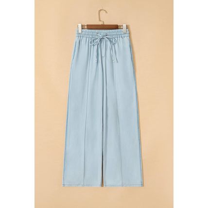 Beau Blue Light Wash Contrast Trim Center Seam Drawstring High Waist Wide Leg De