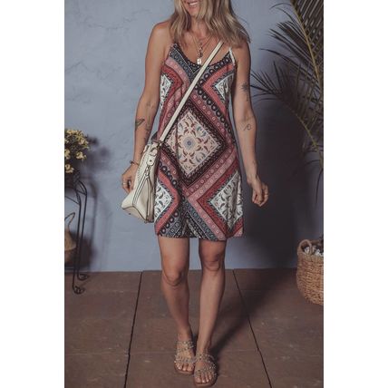 Red Geometric Paisley Print Sleeveless Shift Mini Dress