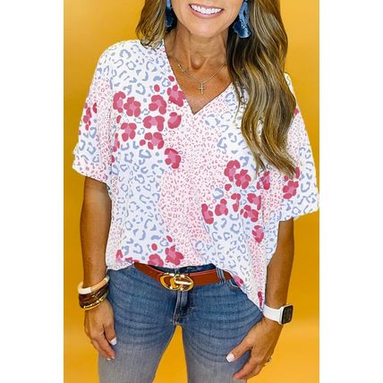 Pink Mixed Leopard Print V Neck Short Sleeve Blouse