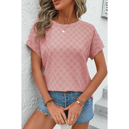 Apricot Pink Checkered Textured Round Neck T-shirt