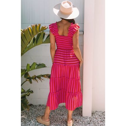 Rose Stripe Flutter Sleeve Smocked Bodice Tiered Maxi Dress