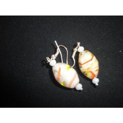 Beautiful hand blown white red yellow glass oval dangle earrings