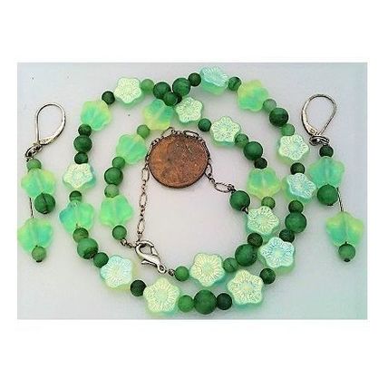 Jade Floral Glass Beaded Gemstone Necklace Earrings Set