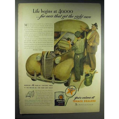 1944 Texaco Havoline Motor Oil Ad - Life Begins 40,000