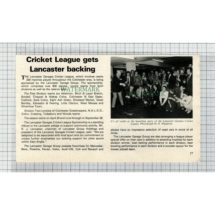 C7571) Lancaster Garages Cricket League Colchester Essex - 1982 Cutting
