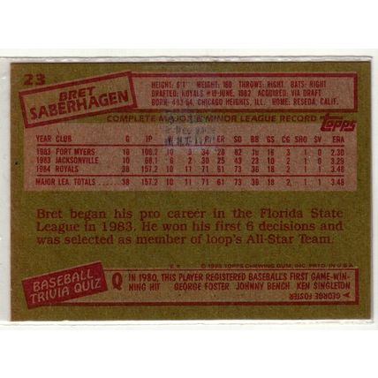 1985 Topps Bret Saberhagen rookie baseball card #23 – RC