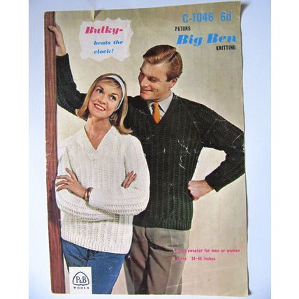 PATONS Big Ben knitting pattern C-1046 Bulky V neck unisex sweater jumper 34-44"