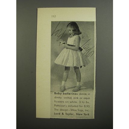 1952 Lord & Taylor Wee Togs Dress Ad - Baby Ballerinas dance in dimity