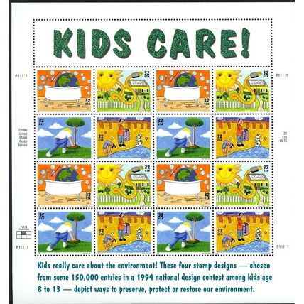 Kids Care - Earth Day Full Sheet of Sixteen 32 Cent Postage Stamps Scott 2951-54