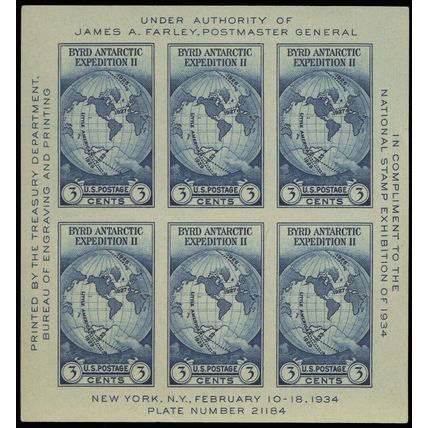 Byrd Antarctic Expedition II Souvenir Sheet of Six 3 Cent Stamps Scott 735